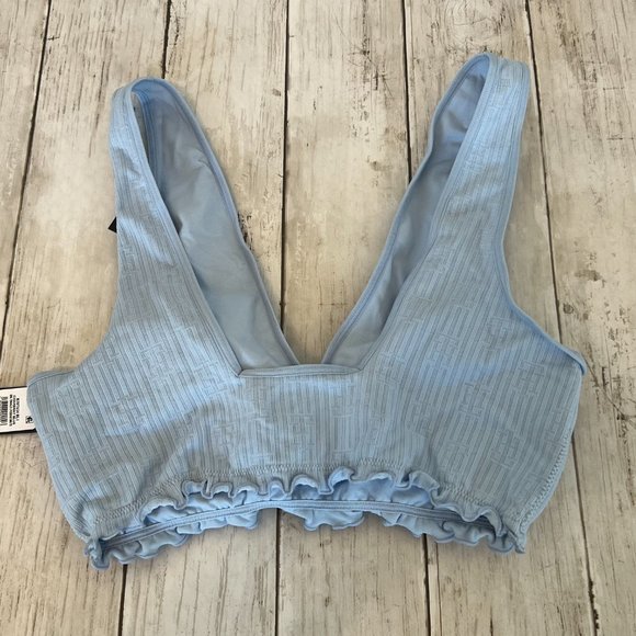 Tommy Hilfiger Light Chambray Blue Small Lettuce Edge Knit Logo Bralette NEW NWT - Picture 8 of 12